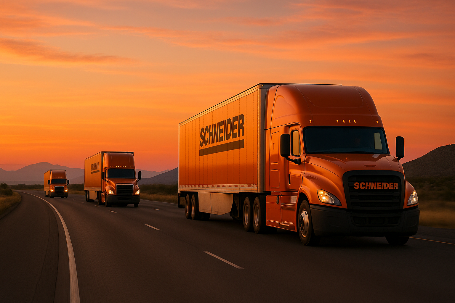 Truck fleet on highway at sunset